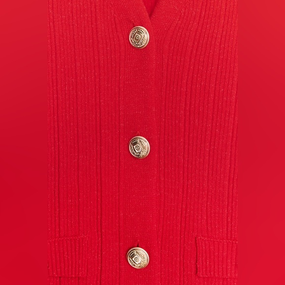 ZARA V-neck Knit Cardigan w/ 3/4 sleeves in Gold Button Red Size M NEW - Picture 6 of 6